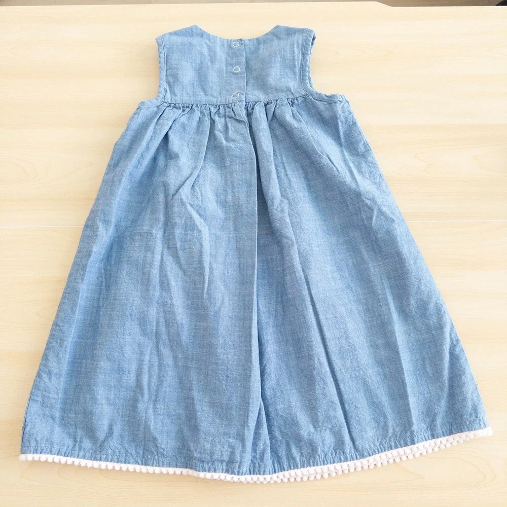 Iris & Ivy Girls Denim Dress Size 5 Blue Chambray Geometric Embroidered‎ Pom Pom